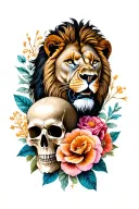 full arm tattoo with a lion head a skull and flowers tattoo design idea