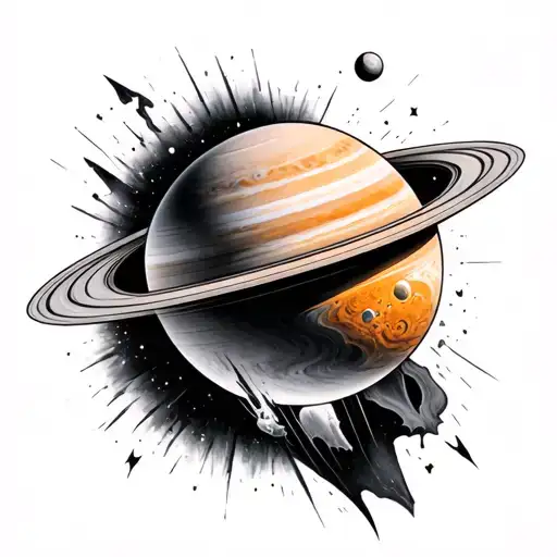 Saturn and orange comet tattoo design idea