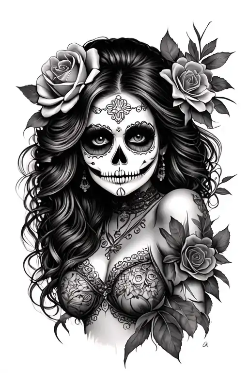 "Sexy pin-up" religious muerte love tattoo design idea