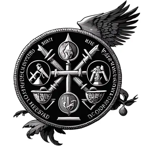 The Cardinal Virtues Stoic Coin with Symbols of Justice, Courage, Wisdom, and Temperance tattoo design idea