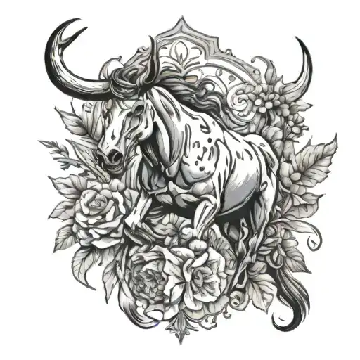 bull skull with wild flowers and horse running tattoo design idea