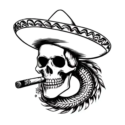 skull wearing sombrero smoking cigar with feathered serpent tattoo design idea