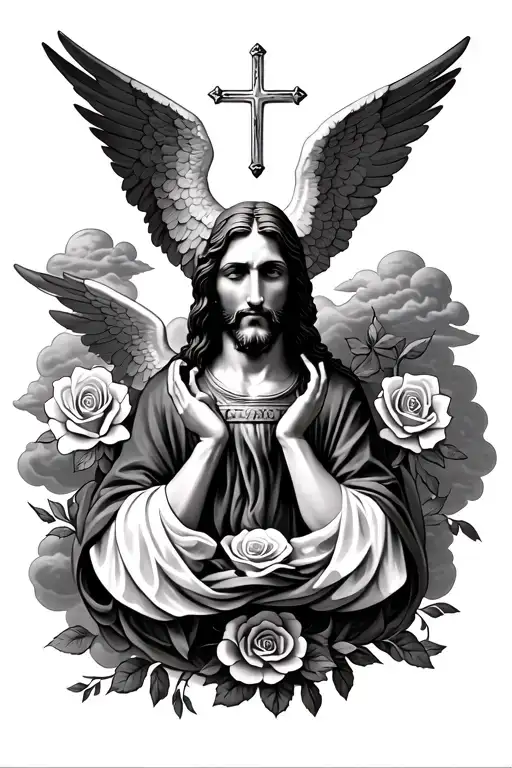 hear no evil see no evil speak no evil (angels), clouds, capre diem, roses, Jesus Christ, incorporated into a sleeve tattoo design idea