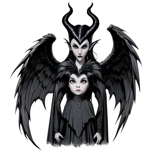 2014 maleficent adult with wings standing behind child maleficent tattoo design idea