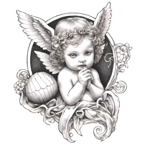 A baby angel with two horns above her head ,holding a diamond a shell which has a pearl in it  tattoo design idea