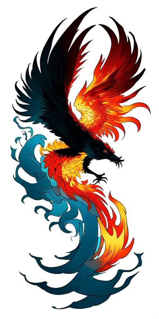 Phoenix rising from flames and wind tattoo design idea