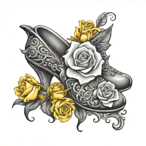 cinderella slipper with yellow rose intertwined tattoo design idea