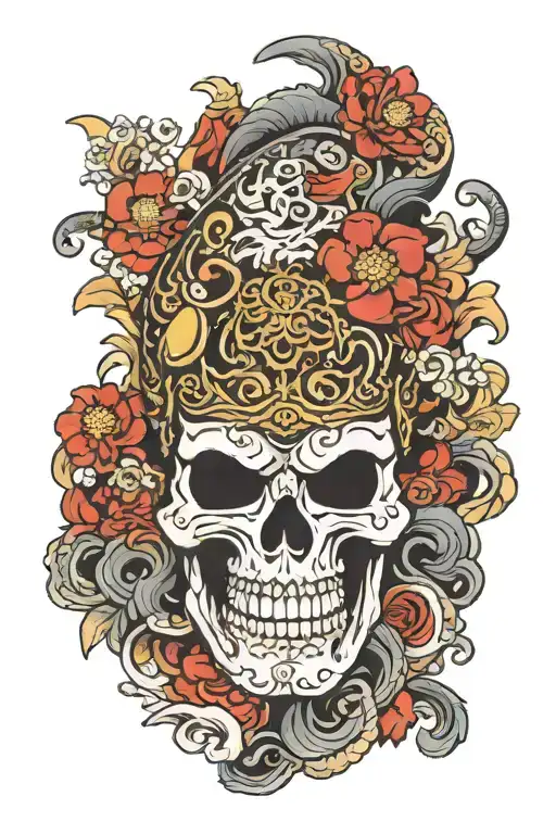 irezumi style arm sleeve kabuto skull helmet tattoo design idea