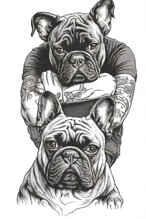 man and black staffy and black and white french bulldog tattoo design idea