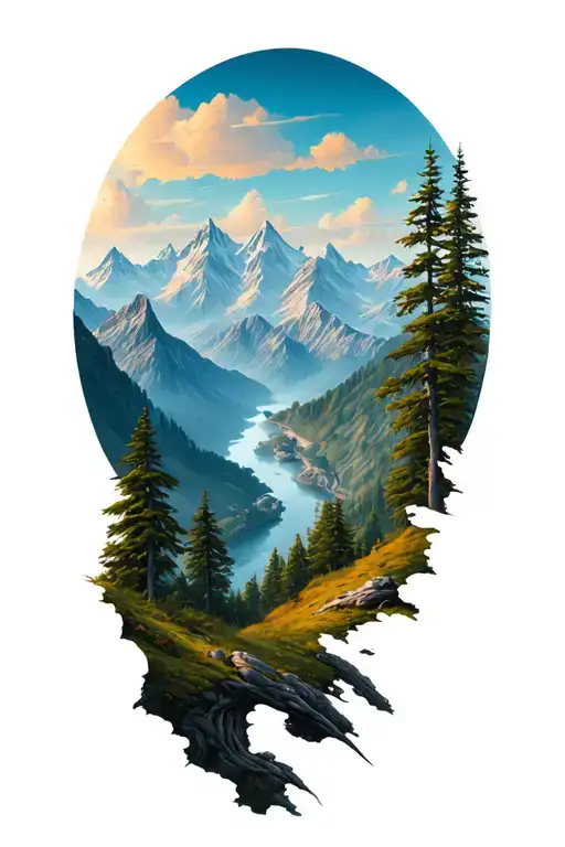 outdoor scene with mountains tattoo design idea
