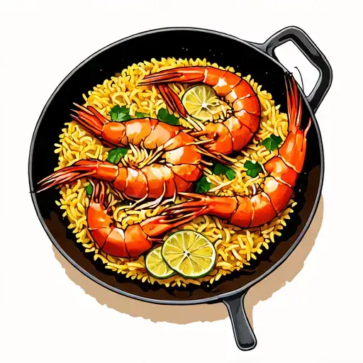 king prawn paella in the style of sailor Jerry  tattoo design idea