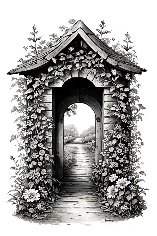 country garden with a small hidden gate opening tattoo design idea