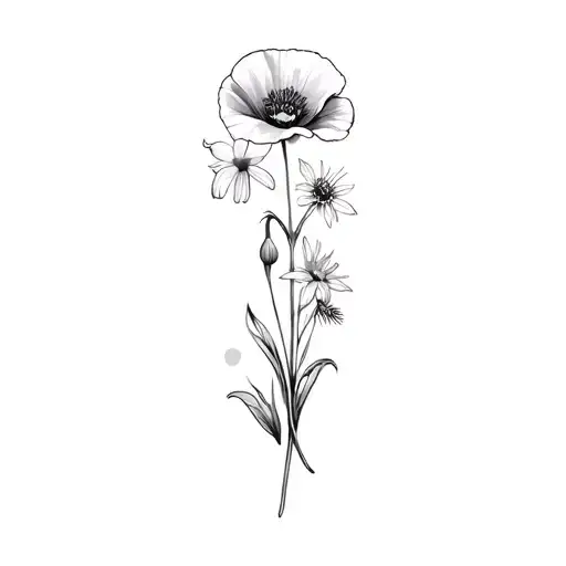 please design a fine line black tattoo with a poppy, larkspur, snowdrop, thistle, purple heather and edelweiss  tattoo design idea