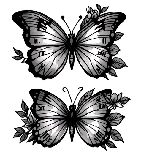 flat butterfly with half flowers and roman numeral body tattoo design idea