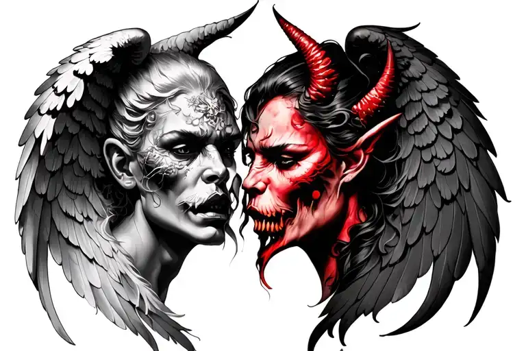 angel and demon face tattoo design idea