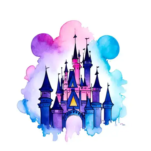 Disney castle with Mickey, Minnie and baby Mickey ears tattoo design idea