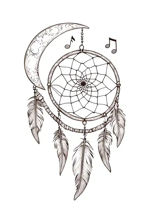 dream catcher feathers a crescent moon and a music note tattoo design idea