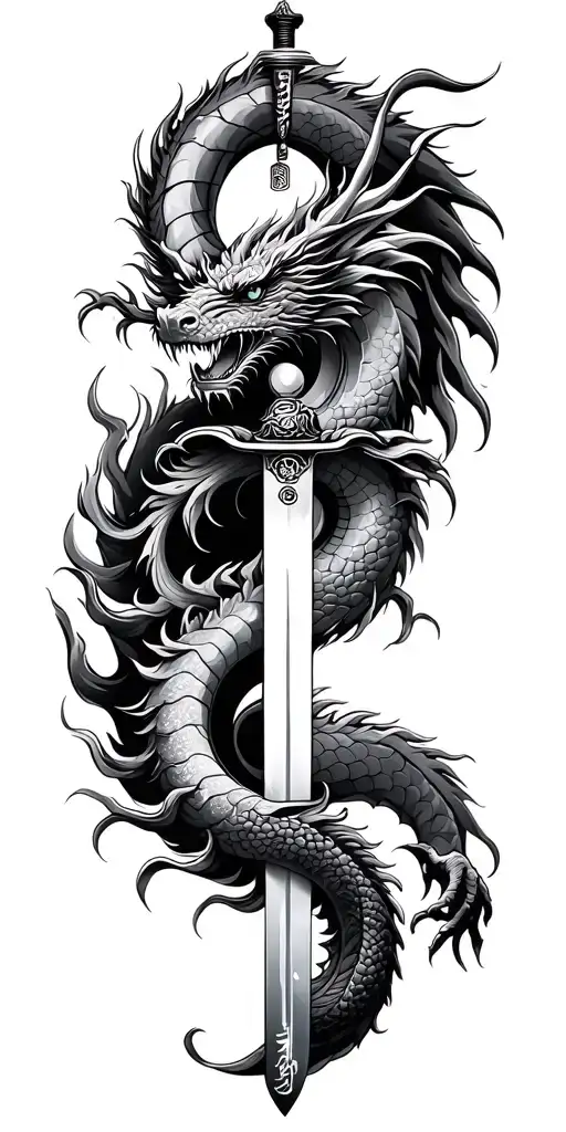 dragon Ying yang symbol wrapping round a samurai sword tattoo design idea