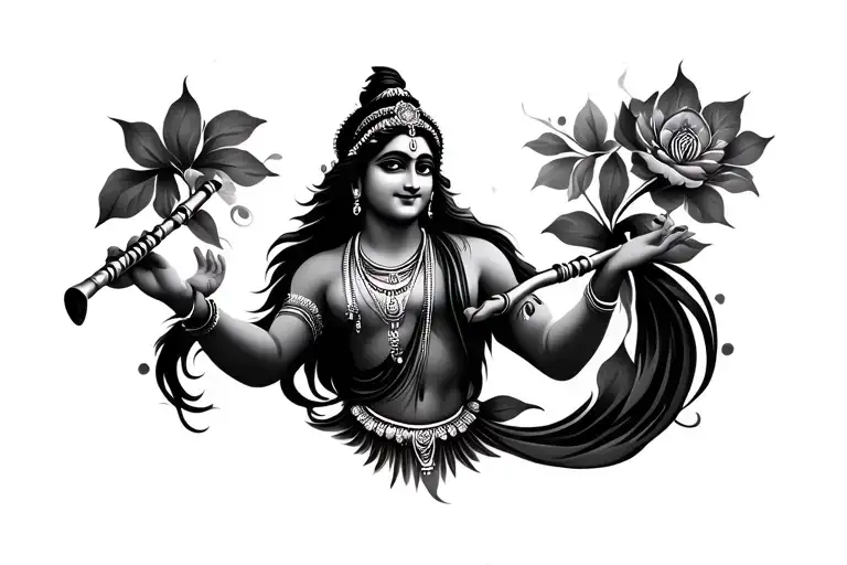 flute and krishna name tattoo design idea