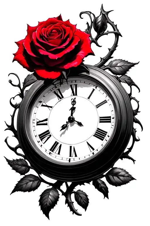 red thorn rose on a clock with the time as get rich or die trying in the cloud by heavens gate, with psalms 91 verse 1-2 tattoo design idea