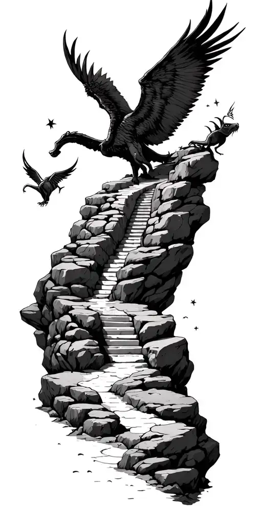 pathway through rocky landscape leading to starway to heaven  creatures good vs evil fighting over bible tattoo design idea
