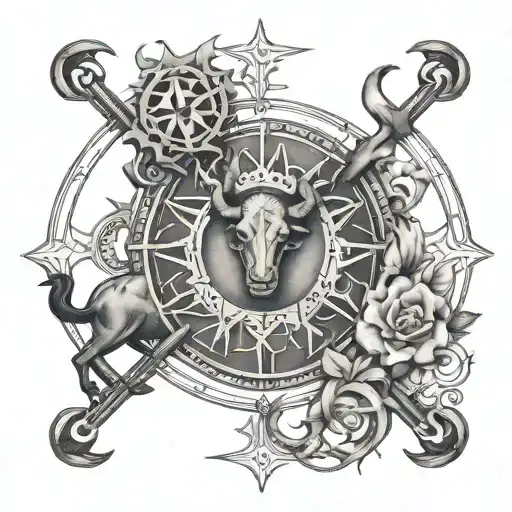 Intricate zodiac fusion tattoo design, featuring Taurus, Sagittarius, and Libra symbols, tattoo design idea