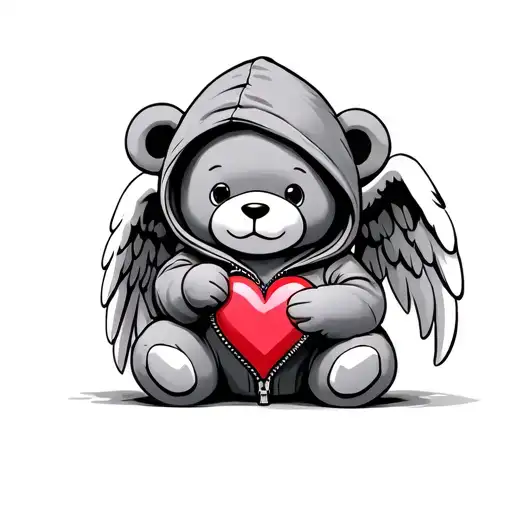 Angel Teddy Bear with zip up hoodie pulling out a heart tattoo design idea