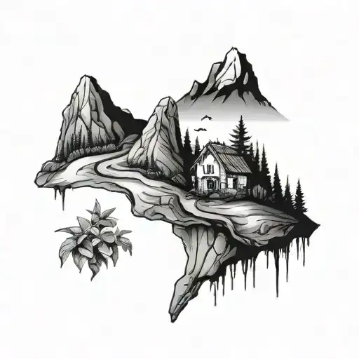 montain et walk with small house plants tattoo design idea