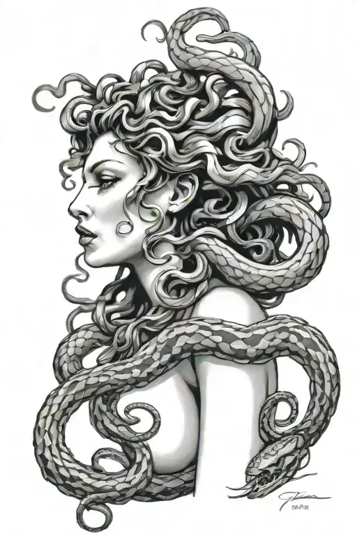 Medusa's Face: The focal point would be Medusa’s face, with her iconic snake hair. Her expression could be fierce and in tattoo design idea