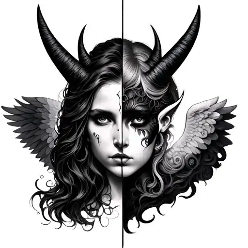 half angel and devil face morphing tattoo design idea