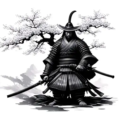 Mediative samurai in front of a Sakura Tree tattoo design idea