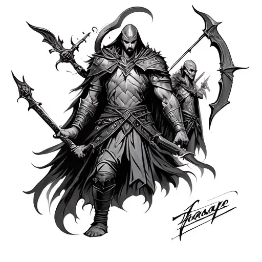 mid evil themed sleeve tattoo featuring a warrior, mage and archer  tattoo design idea