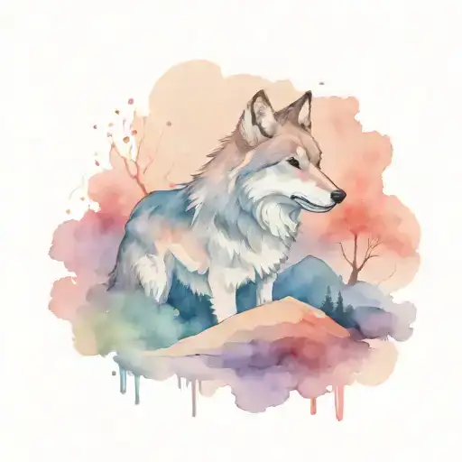 A wolf that doing yoga in a serene landscape tattoo design idea