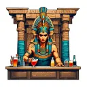 A bartender mixing drinks in an ancient Egyptian temple with Aztec underworld gods watching over tattoo design idea
