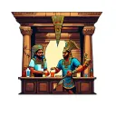 A bartender mixing drinks in an ancient Egyptian temple with Aztec underworld gods watching over tattoo design idea