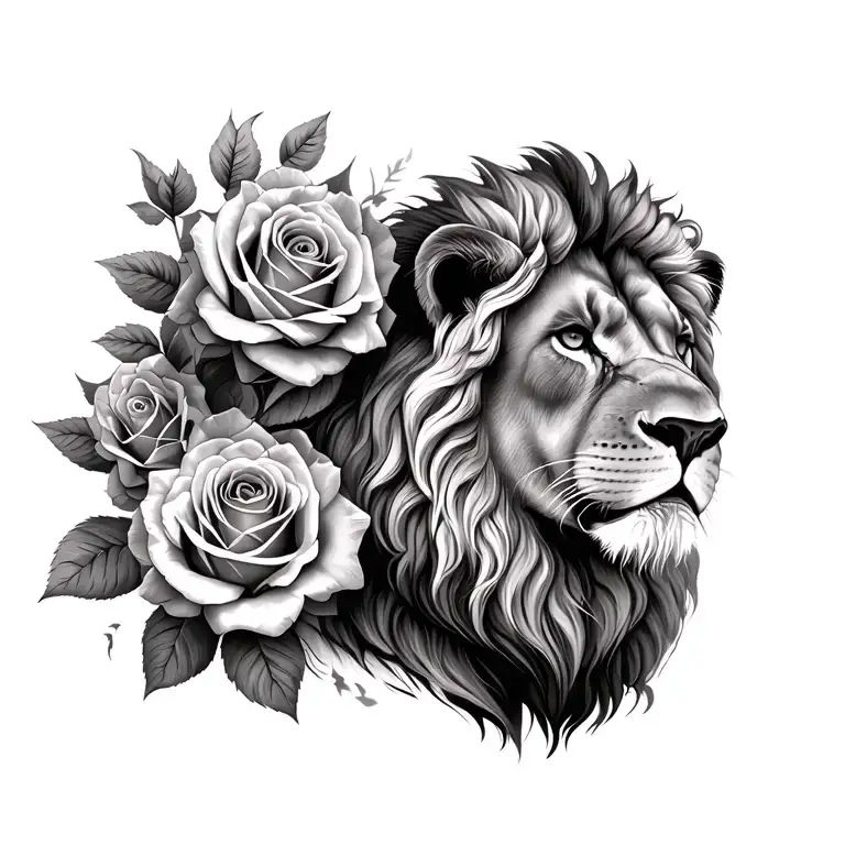 realistic lion and roses tattoo design idea