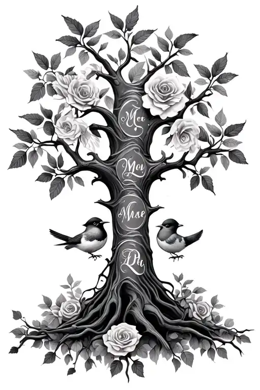 family tree featuring 5 children names as leaves incorporating elements like flowers, roses with thorns & birds  tattoo design idea