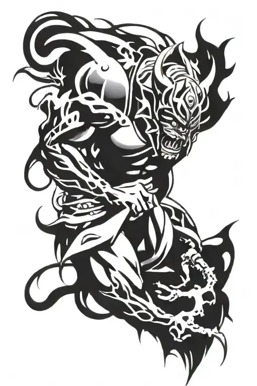 male anime character wearing oni mask fighting off inner demons  tattoo design idea