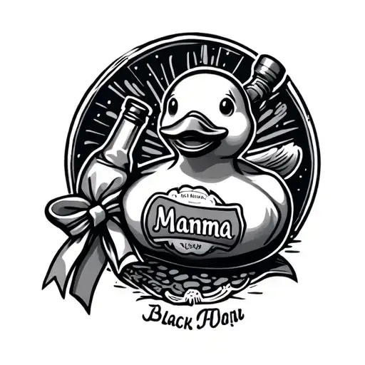 rubber duck holding a whiskey bottle with a ribbon attached that says mamma tattoo design idea