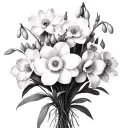 snowdrop flower, daffodil, cherry blossom, peony, marigold, cosmos flower bouquet tattoo design idea