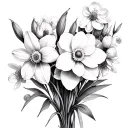 snowdrop flower, daffodil, cherry blossom, peony, marigold, cosmos flower bouquet tattoo design idea