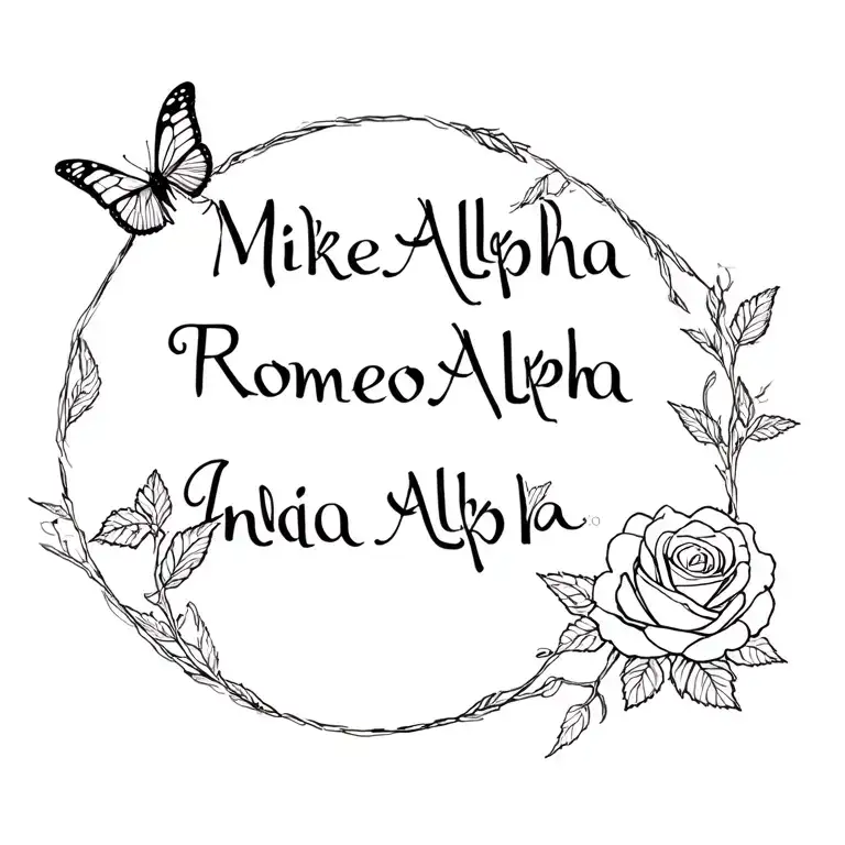 "MikeAlphaRomeoIndiaAlpha" roses and butterflies tattoo design idea