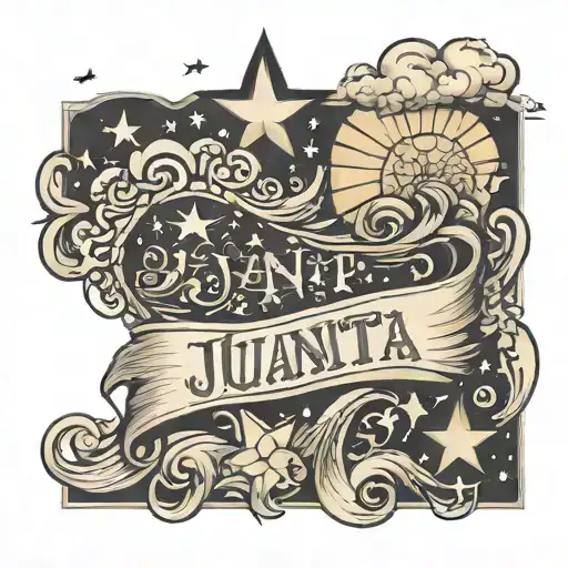 The name Juanita then stars and clouds behind it down the arm tattoo for a man tattoo design idea
