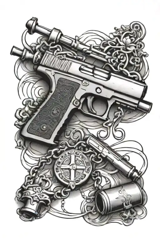 rosary beads and Glock pistol surrounded tattoo design idea