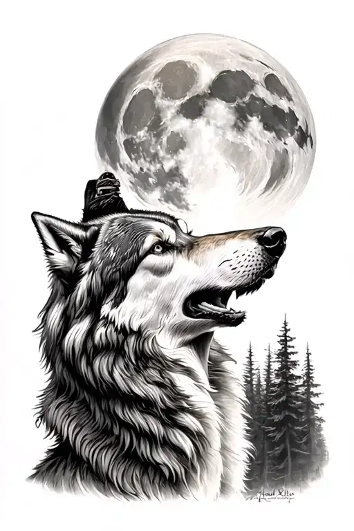 Timber wolf howling at the moon tattoo design idea