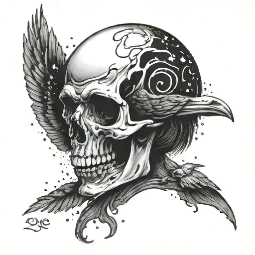 one laughing skull starry nights style one skull crying blood scared Edgar Allen Poe style quote the raven tattoo design idea