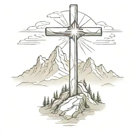 christian cross summit of a mountain landscape ray of sunshine tattoo design idea
