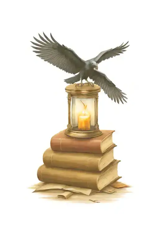 Stack of books with raven, skull, hourglass, flying dragon, candle  tattoo design idea