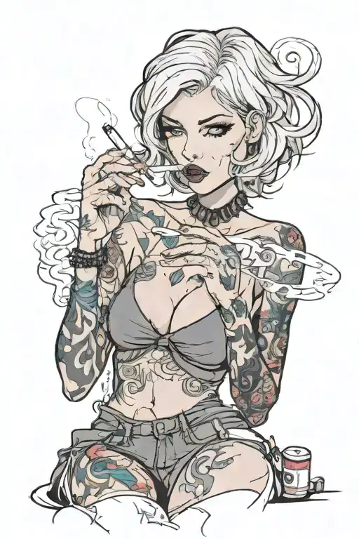 Sexy girl, Huge cleavage, petite, torn clothing, short white bob hairstyle, smoking a cigarette in mouth, thick thighs tattoo design idea