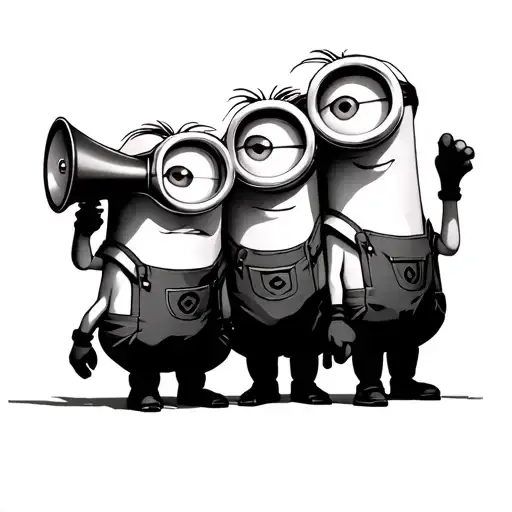 side view, three minions standing on the top of each other, one on the top speaks thru megaphone  tattoo design idea